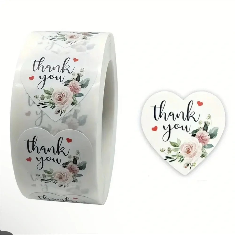 500 Heart Shaped Thank You Stickers Pink Flowers Floral Rose Roll